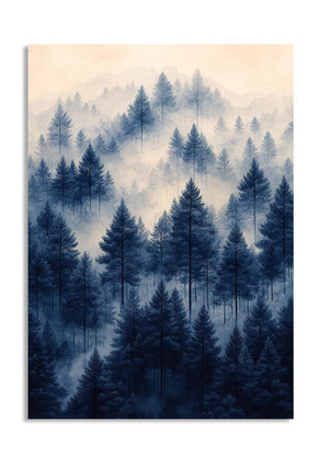 Foggy forest landscape with blue and beige tones, as a premium aluminum metal print from GoMetalPrint.
