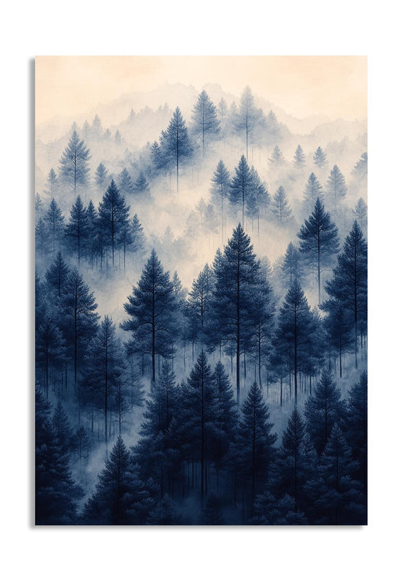Foggy forest landscape with blue and beige tones, as a premium aluminum metal print from GoMetalPrint.
