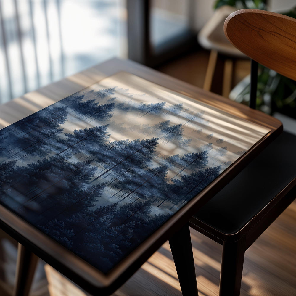 Foggy forest landscape with blue and beige tones, as a premium aluminum metal print from GoMetalPrint.
