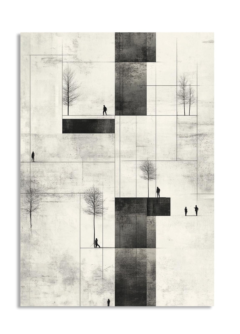 Abstract art piece with geometric shapes and silhouettes on a textured background , as a premium aluminum metal print from GoMetalPrint.
