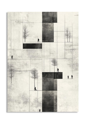 Abstract art piece with geometric shapes and silhouettes on a textured background , as a premium aluminum metal print from GoMetalPrint.
