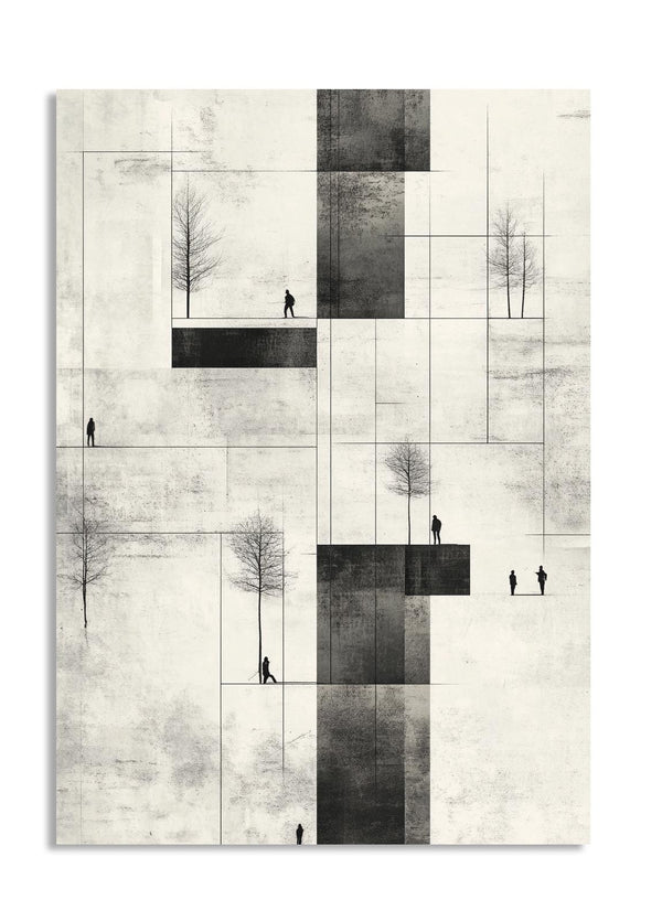 Abstract art piece with geometric shapes and silhouettes on a textured background , as a premium aluminum metal print from GoMetalPrint.
