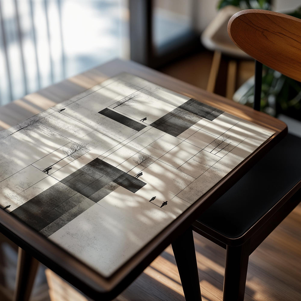 Abstract art piece with geometric shapes and silhouettes on a textured background , as a premium aluminum metal print from GoMetalPrint.
