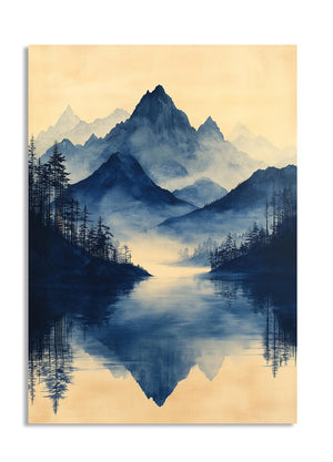 Artistic depiction of mountains reflected in water with a beige background, as a premium aluminum metal print from GoMetalPrint.
