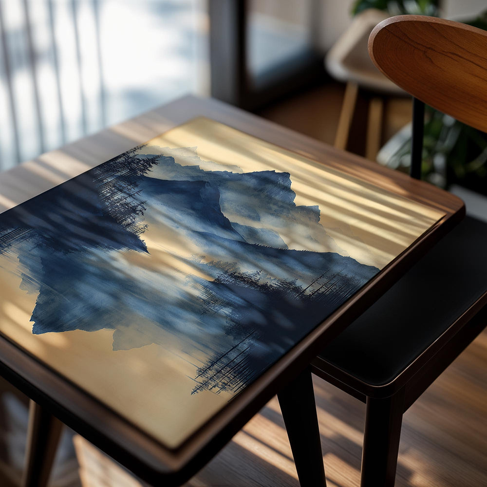 Artistic depiction of mountains reflected in water with a beige background, as a premium aluminum metal print from GoMetalPrint.
