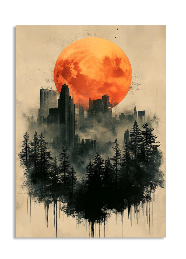 Futuristic cityscape with a large orange moon and trees in the foreground on a beige background, as a premium aluminum metal print from GoMetalPrint.
