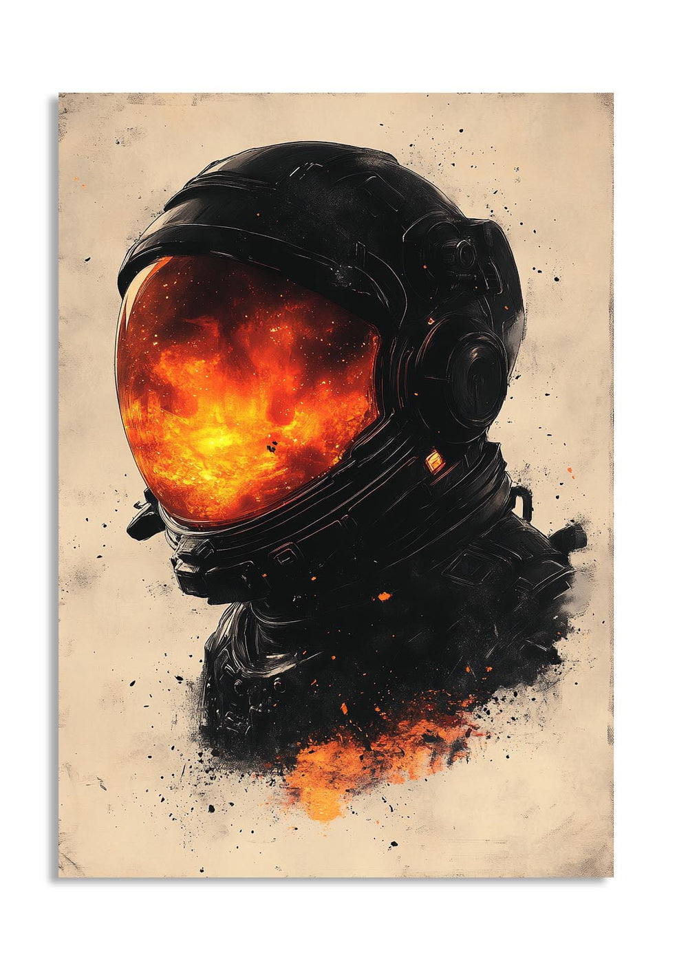 Illustration of an astronaut helmet with a fiery interior on a beige background, as a premium aluminum metal print from GoMetalPrint.
