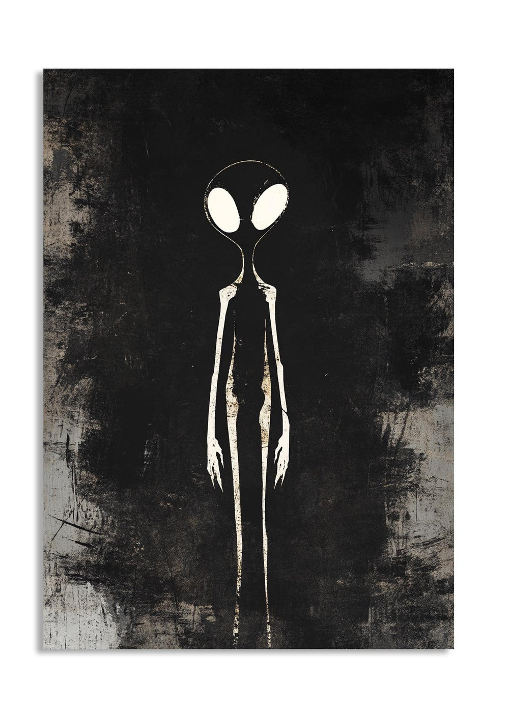 Abstract depiction of an alien figure on a textured black background, as a premium aluminum metal print from GoMetalPrint.
