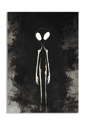 Abstract depiction of an alien figure on a textured black background, as a premium aluminum metal print from GoMetalPrint.
