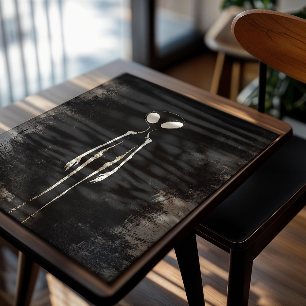 Abstract depiction of an alien figure on a textured black background, as a premium aluminum metal print from GoMetalPrint.
