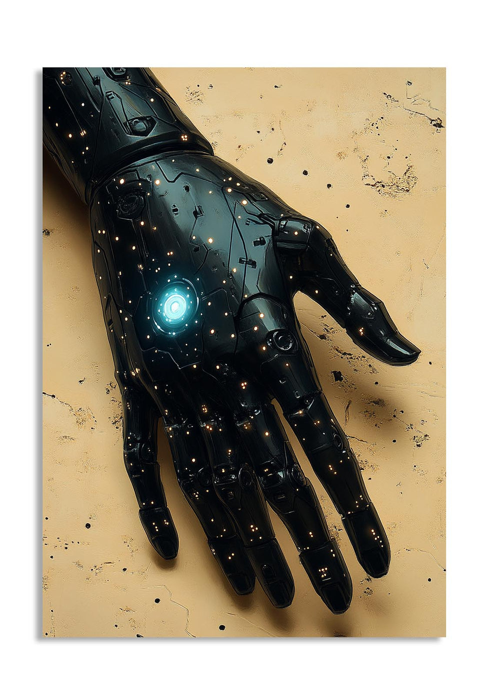 Black mechanical glove with glowing blue center on a beige background, as a premium aluminum metal print from GoMetalPrint.
