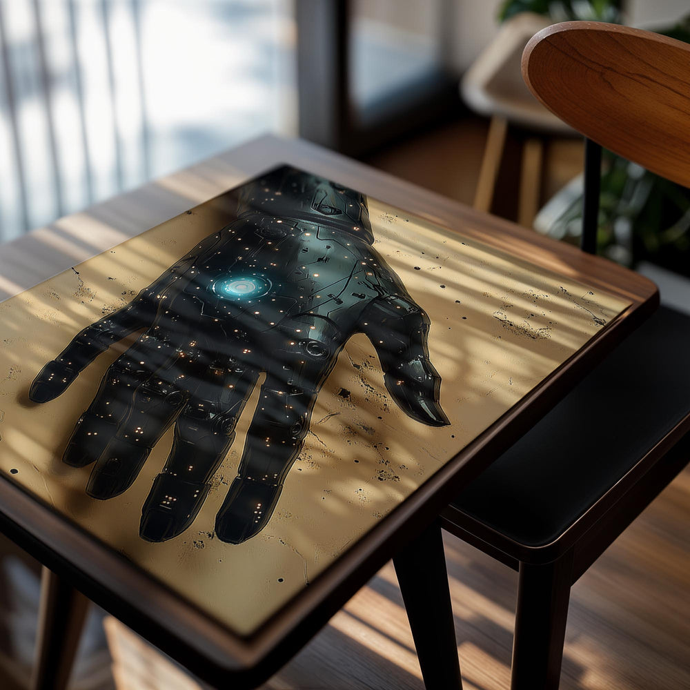 Black mechanical glove with glowing blue center on a beige background, as a premium aluminum metal print from GoMetalPrint.
