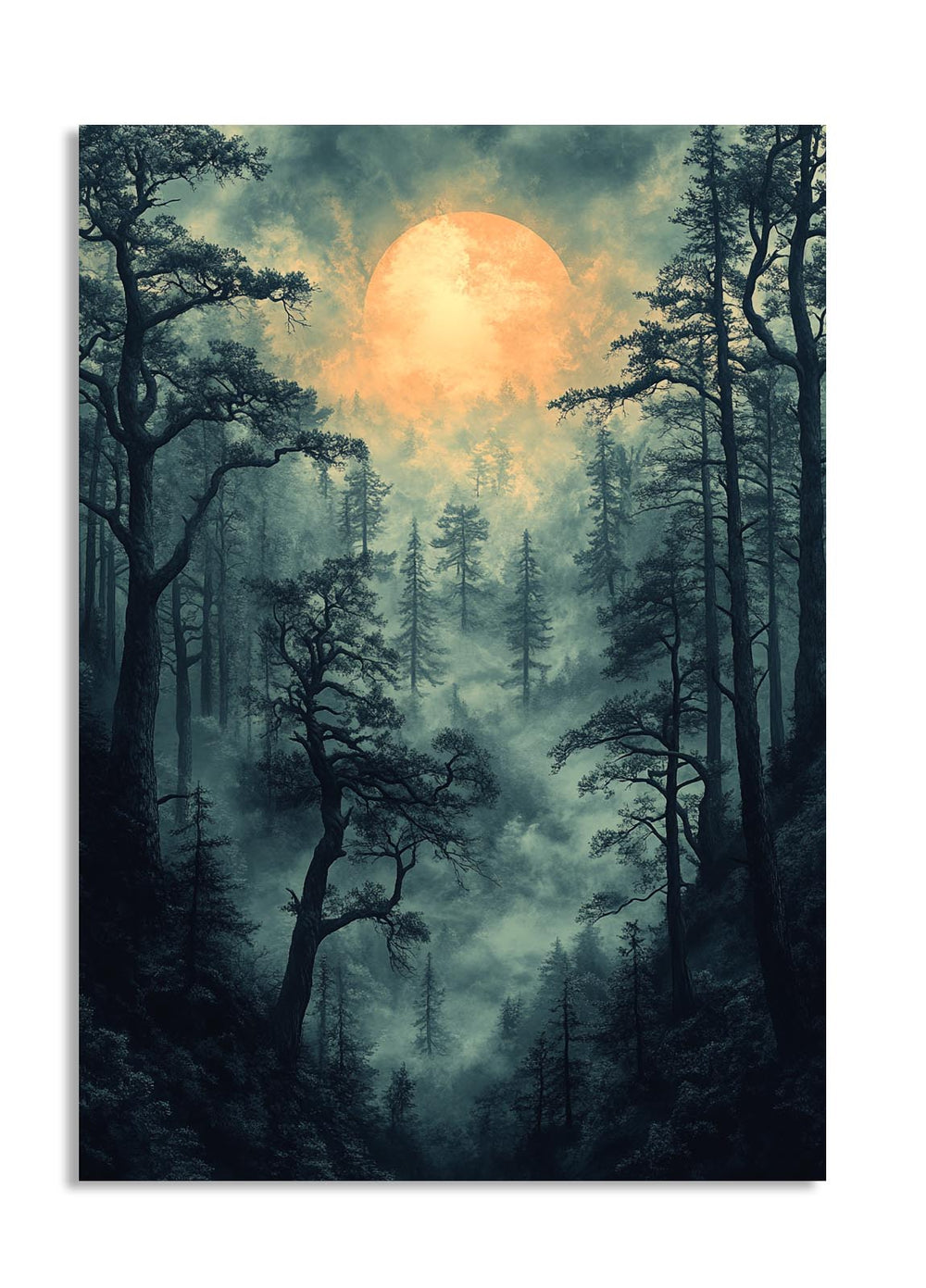 Forest scene with a large orange moon in the sky, as a premium aluminum metal print from GoMetalPrint.
