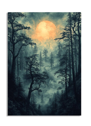 Forest scene with a large orange moon in the sky, as a premium aluminum metal print from GoMetalPrint.
