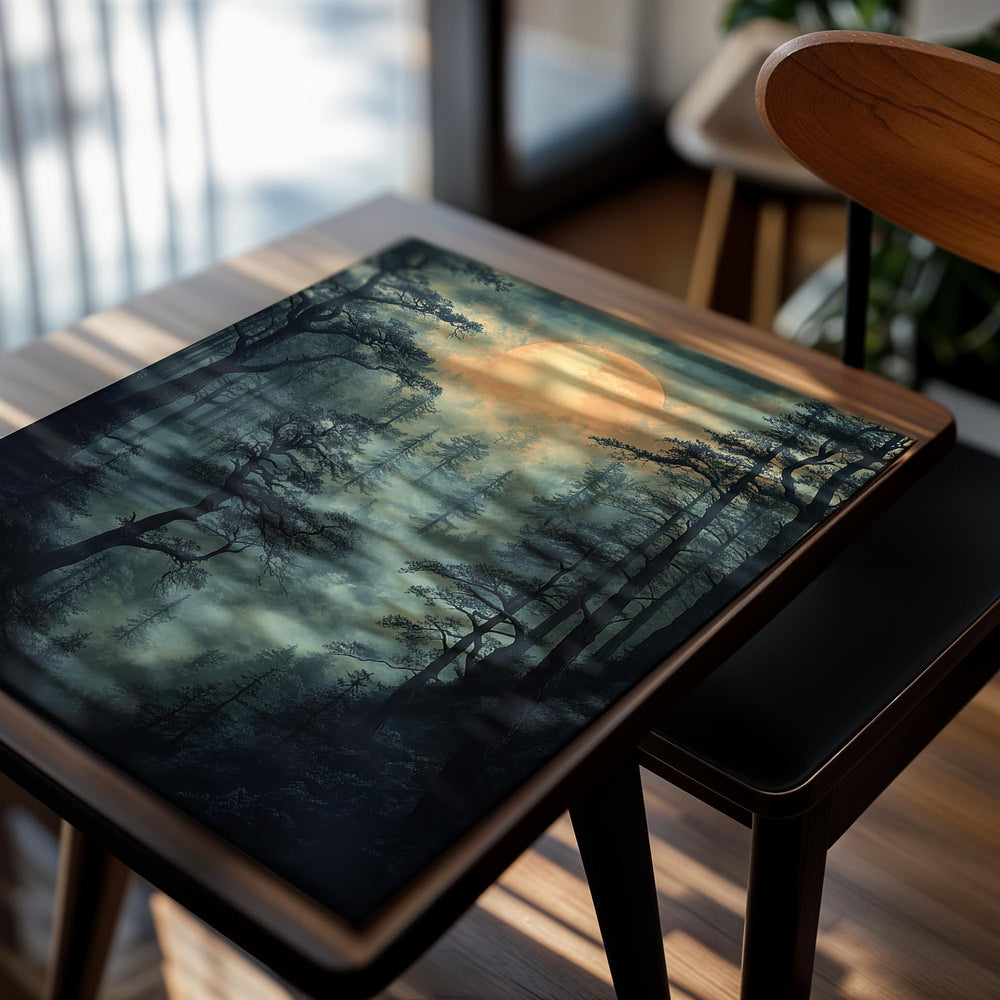 Forest scene with a large orange moon in the sky, as a premium aluminum metal print from GoMetalPrint.
