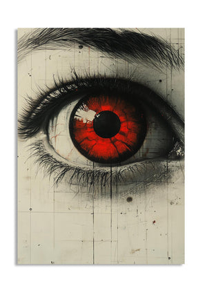 Artistic depiction of a detailed eye with a red iris on a textured background, as a premium aluminum metal print from GoMetalPrint.
