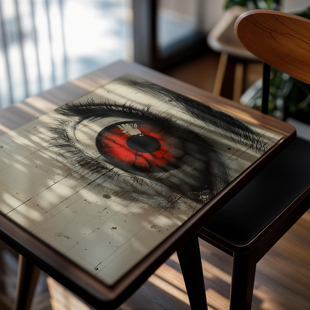 Artistic depiction of a detailed eye with a red iris on a textured background, as a premium aluminum metal print from GoMetalPrint.
