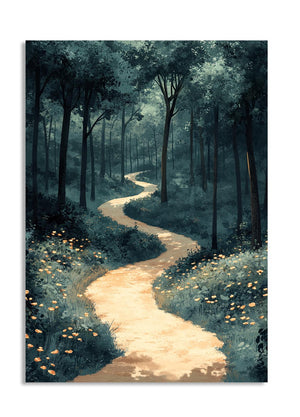 Pathway winding through a forest with a mystical atmosphere, as a premium aluminum metal print from GoMetalPrint.
