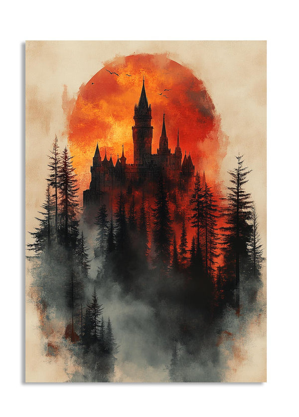 Castle silhouette against a red sun with trees in the foreground on a textured background, as a premium aluminum metal print from GoMetalPrint.
