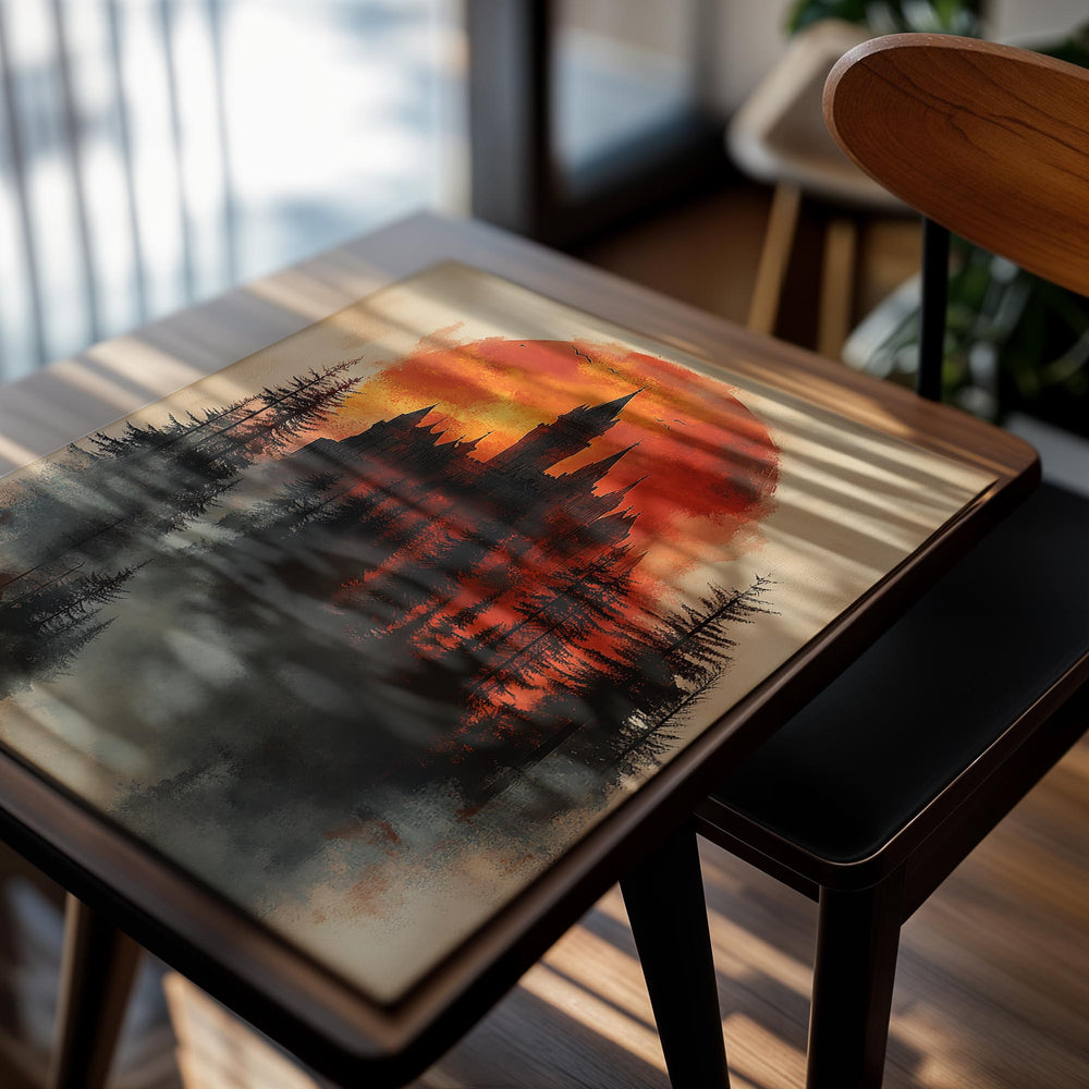 Castle silhouette against a red sun with trees in the foreground on a textured background, as a premium aluminum metal print from GoMetalPrint.
