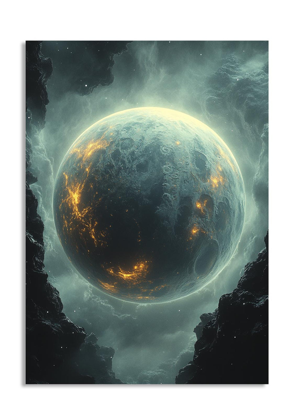 Artistic depiction of a planet with fiery surface and nebula in space, as a premium aluminum metal print from GoMetalPrint.
