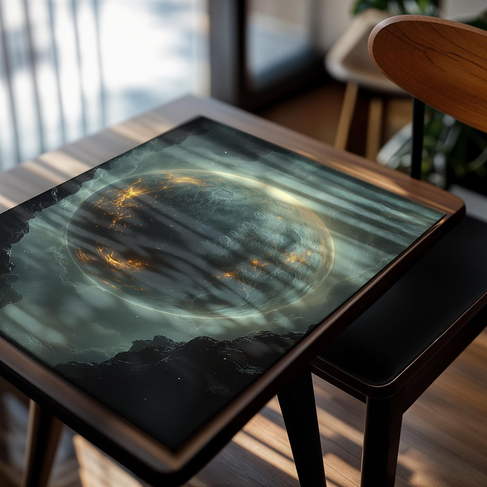 Artistic depiction of a planet with fiery surface and nebula in space, as a premium aluminum metal print from GoMetalPrint.
