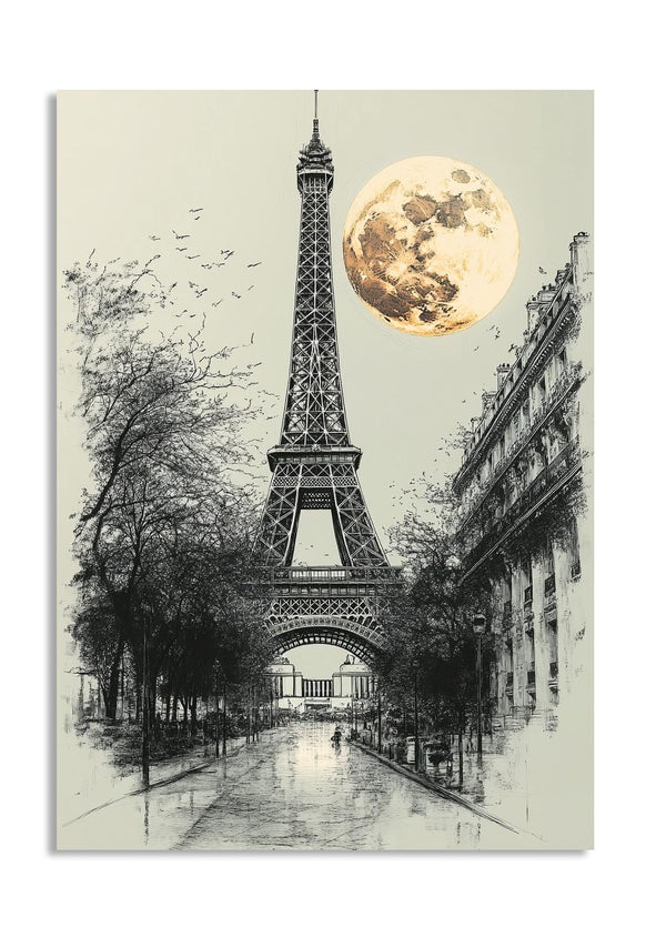 Eiffel Tower with a large moon in the sky, as a premium aluminum metal print from GoMetalPrint.
