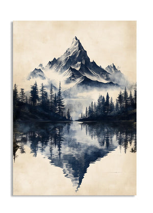 Mountain landscape with trees and reflection on water, artistic style, as a premium aluminum metal print from GoMetalPrint.
