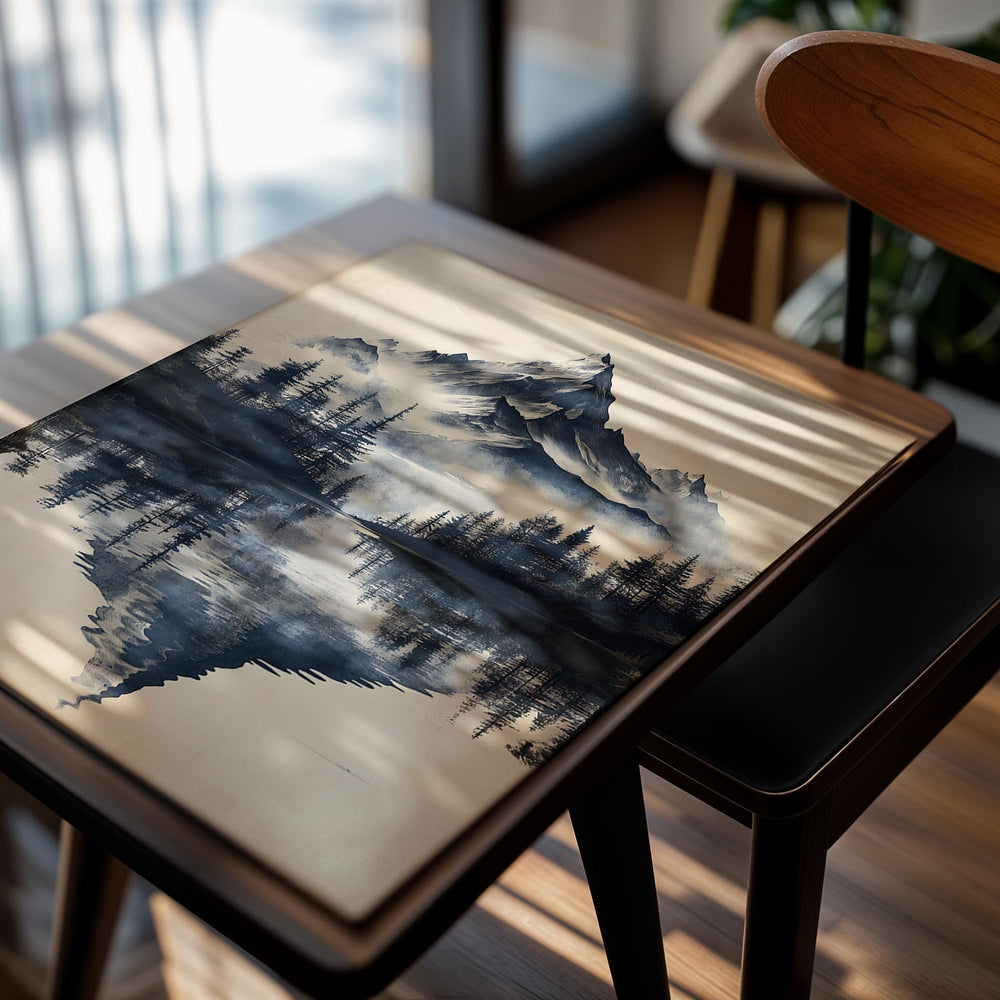 Mountain landscape with trees and reflection on water, artistic style, as a premium aluminum metal print from GoMetalPrint.
