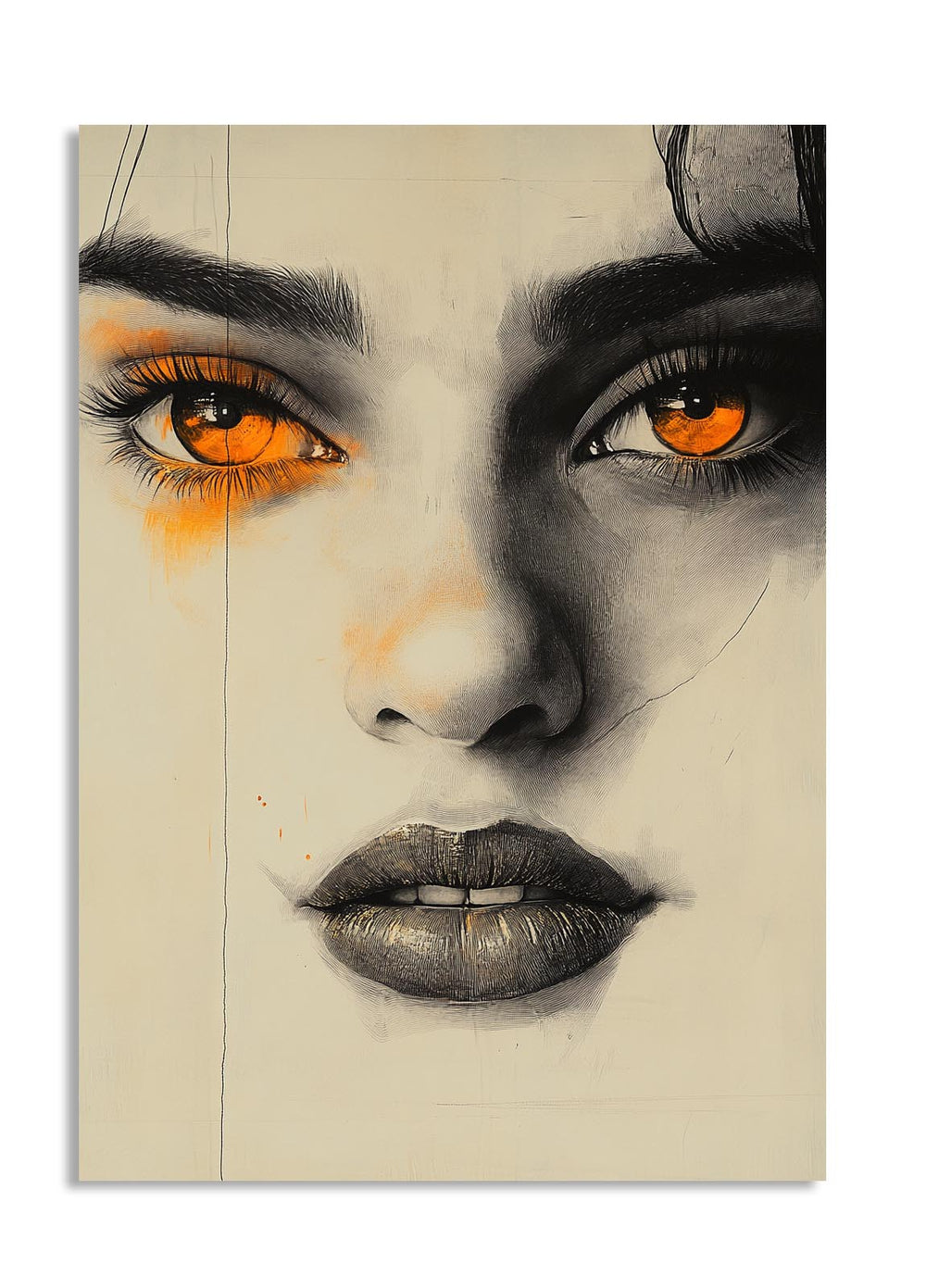 Artistic depiction of a face with orange eyes and black hair on a beige background, as a premium aluminum metal print from GoMetalPrint.

