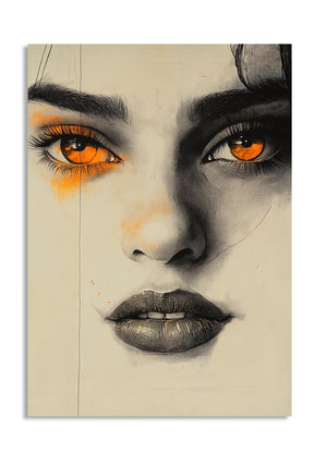 Artistic depiction of a face with orange eyes and black hair on a beige background, as a premium aluminum metal print from GoMetalPrint.
