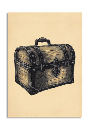 Illustration of a wooden treasure chest on a beige background, as a premium aluminum metal print from GoMetalPrint.
