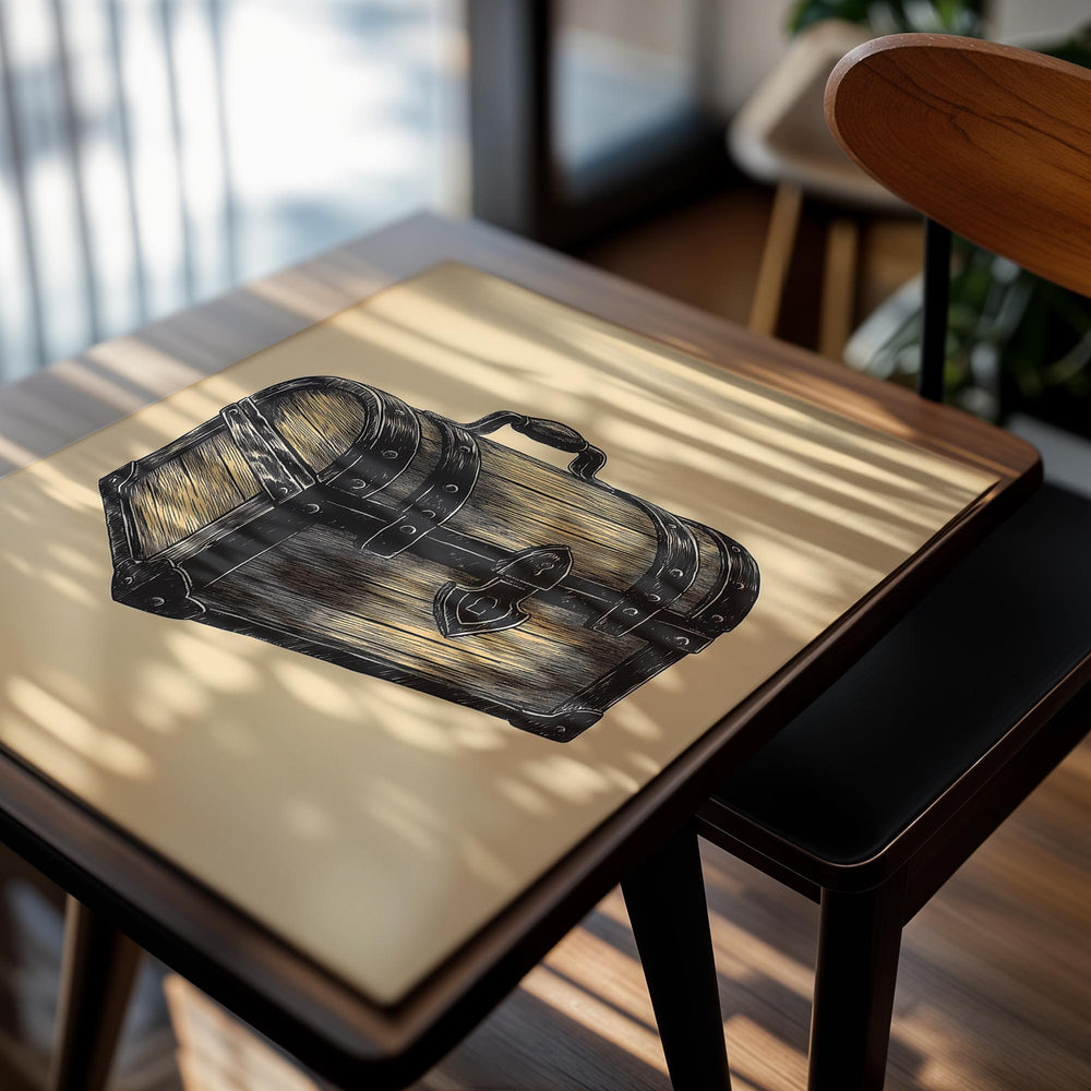 Illustration of a wooden treasure chest on a beige background, as a premium aluminum metal print from GoMetalPrint.
