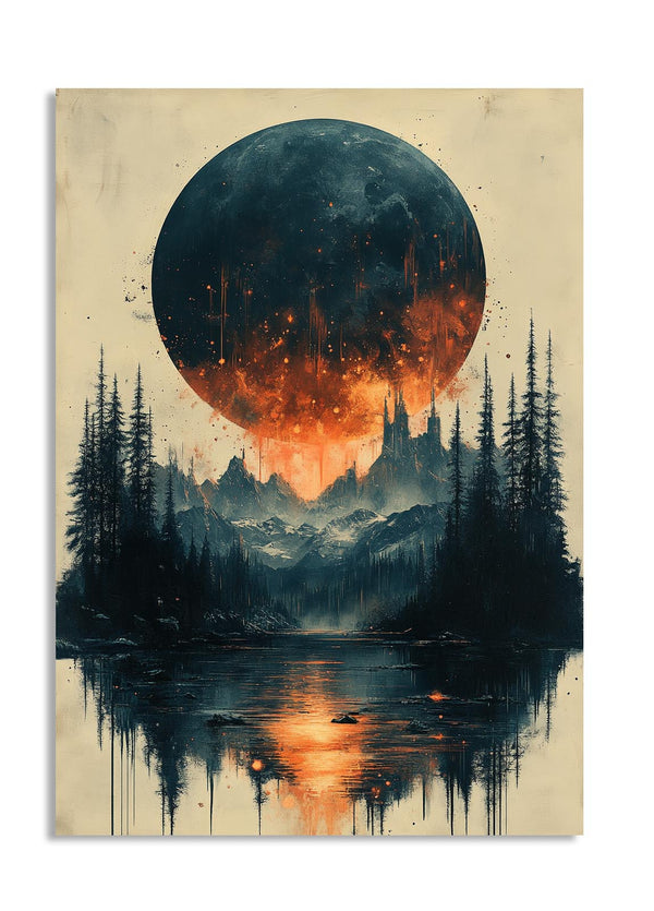 Artistic depiction of a large planet over a forest with a lake reflection, as a premium aluminum metal print from GoMetalPrint.
