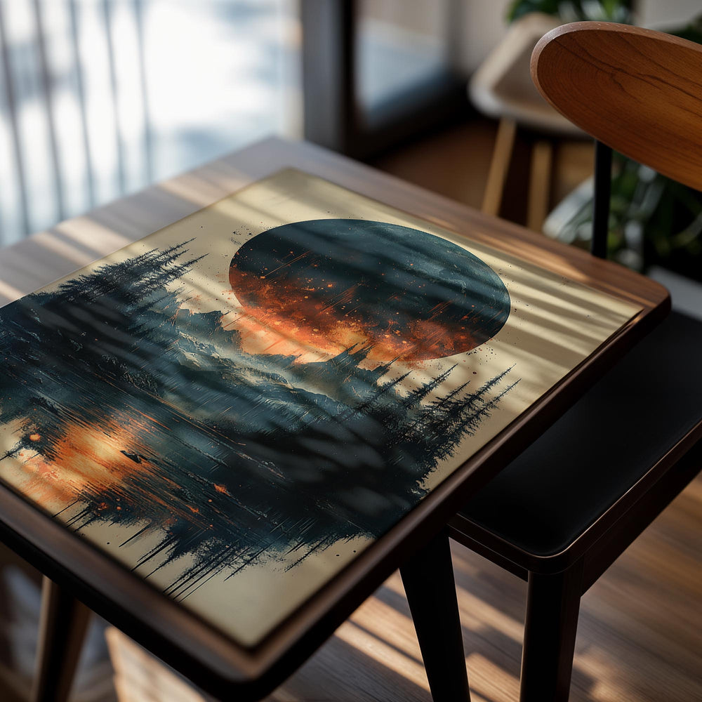 Artistic depiction of a large planet over a forest with a lake reflection, as a premium aluminum metal print from GoMetalPrint.
