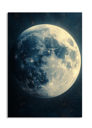 Close-up of a moon with detailed surface features against a starry space background, as a premium aluminum metal print from GoMetalPrint.
