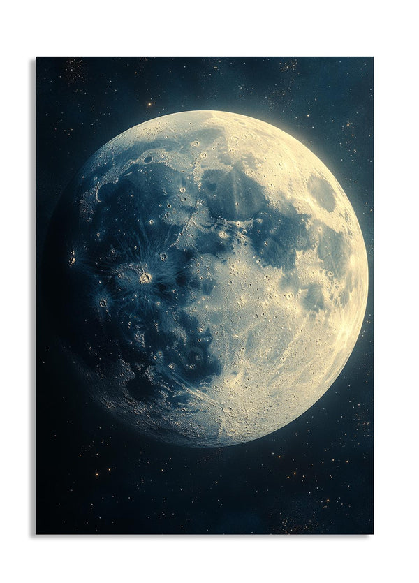 Close-up of a moon with detailed surface features against a starry space background, as a premium aluminum metal print from GoMetalPrint.
