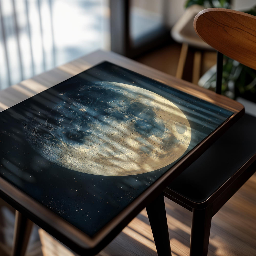 Close-up of a moon with detailed surface features against a starry space background, as a premium aluminum metal print from GoMetalPrint.
