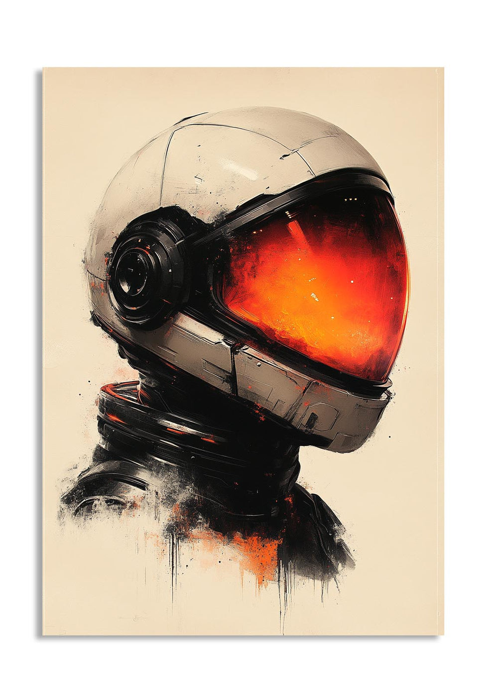 Artistic depiction of a futuristic helmet with a reflective visor on a beige background, as a premium aluminum metal print from GoMetalPrint.
