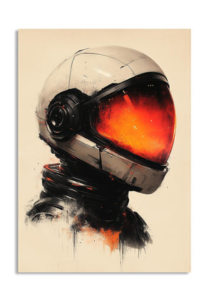 Artistic depiction of a futuristic helmet with a reflective visor on a beige background, as a premium aluminum metal print from GoMetalPrint.
