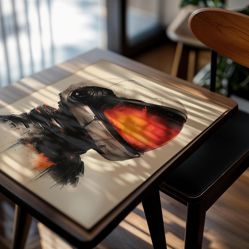 Artistic depiction of a futuristic helmet with a reflective visor on a beige background, as a premium aluminum metal print from GoMetalPrint.
