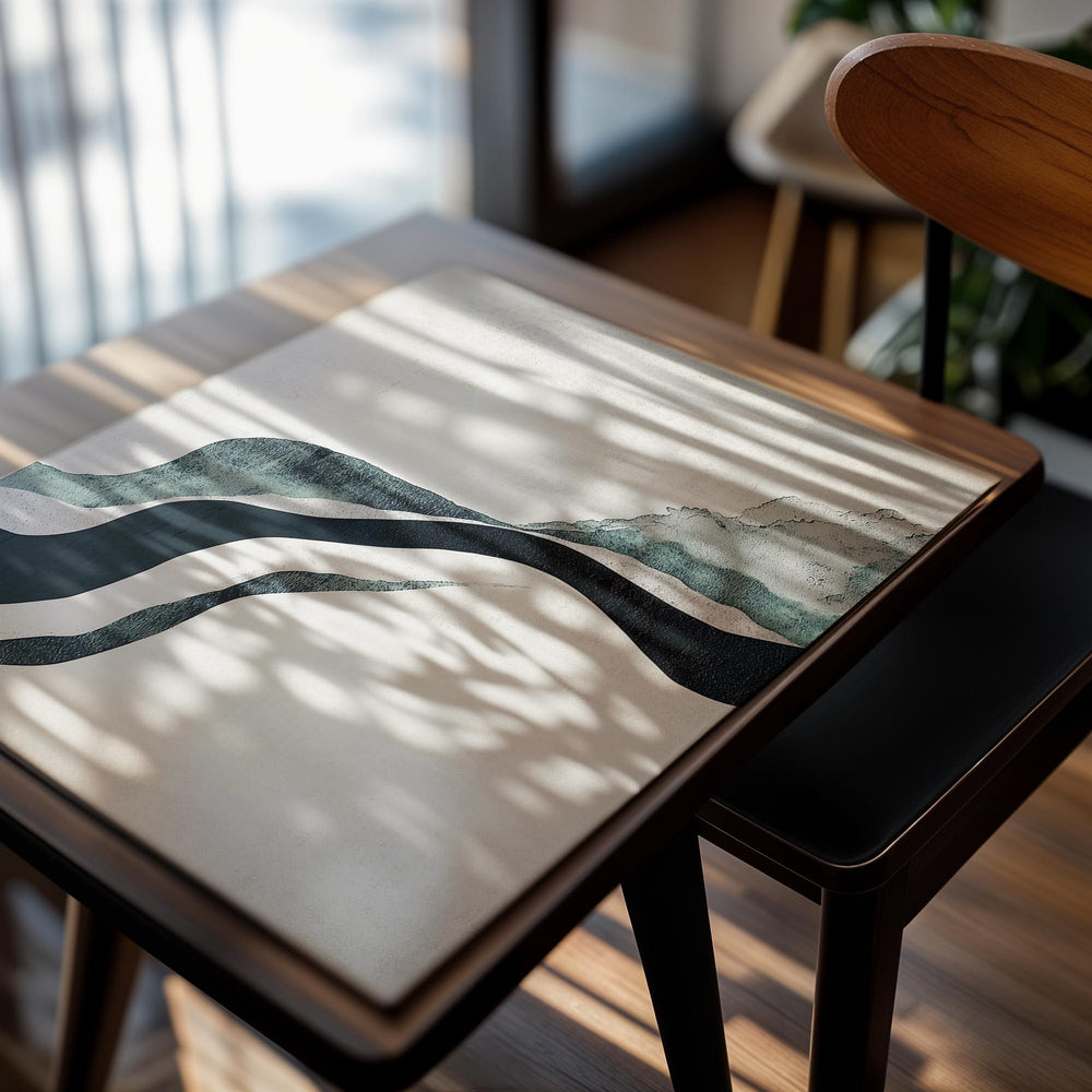 Abstract art print with wavy lines in blue and white on a beige background, as a premium aluminum metal print from GoMetalPrint.
