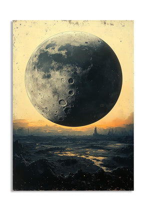 Vintage-style illustration of a large moon over a cityscape with a yellowish sky, as a premium aluminum metal print from GoMetalPrint.
