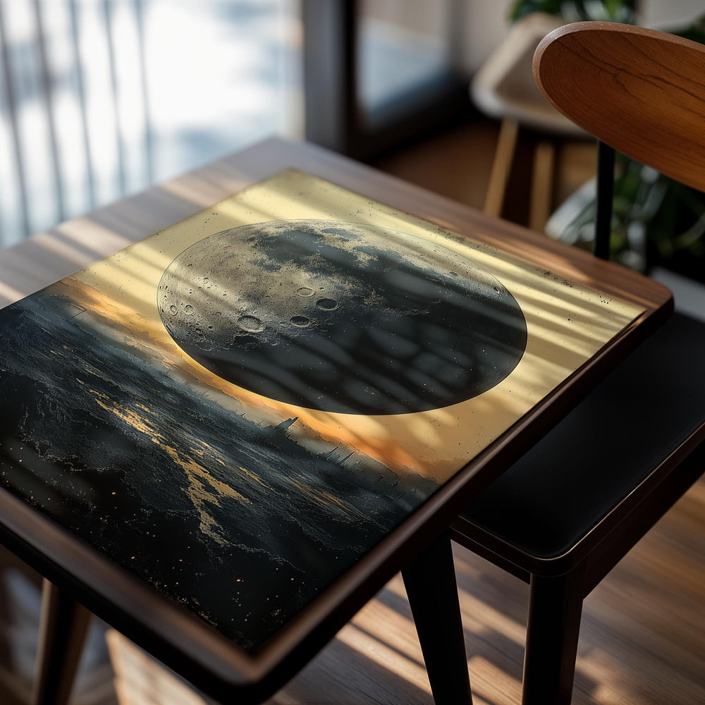 Vintage-style illustration of a large moon over a cityscape with a yellowish sky, as a premium aluminum metal print from GoMetalPrint.
