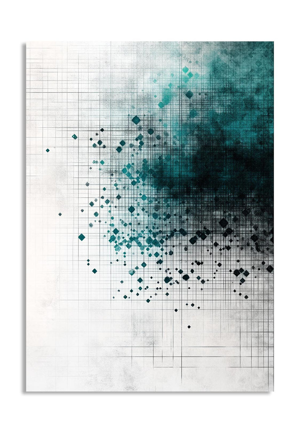 Abstract art piece with teal and black dots on a grid background, as a premium aluminum metal print from GoMetalPrint.
