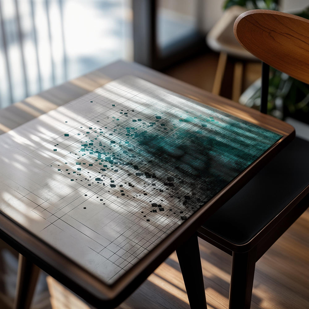 Abstract art piece with teal and black dots on a grid background, as a premium aluminum metal print from GoMetalPrint.
