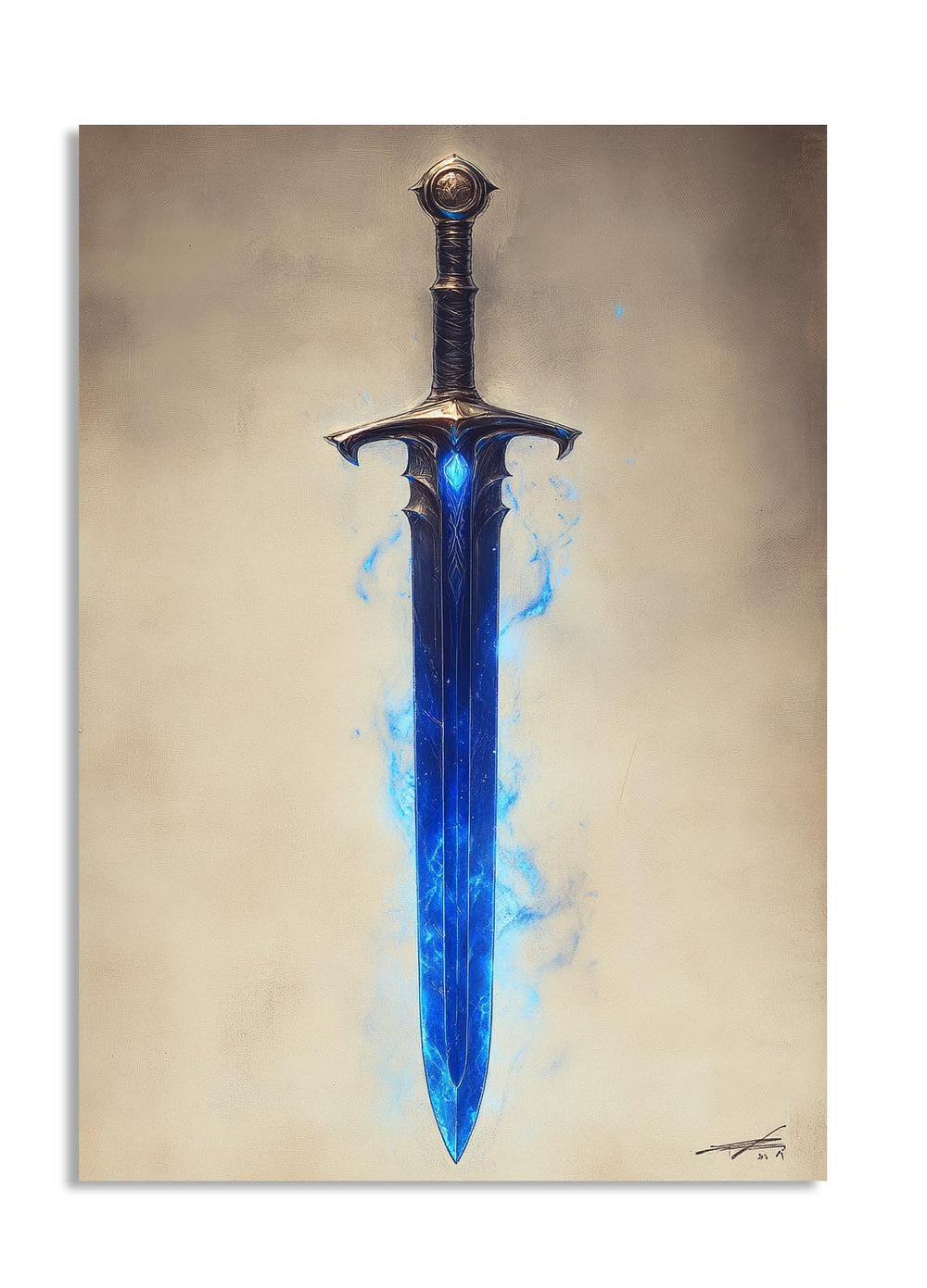 Decorative sword with a blue blade on a beige background, as a premium aluminum metal print from GoMetalPrint.
