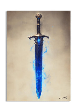 Decorative sword with a blue blade on a beige background, as a premium aluminum metal print from GoMetalPrint.
