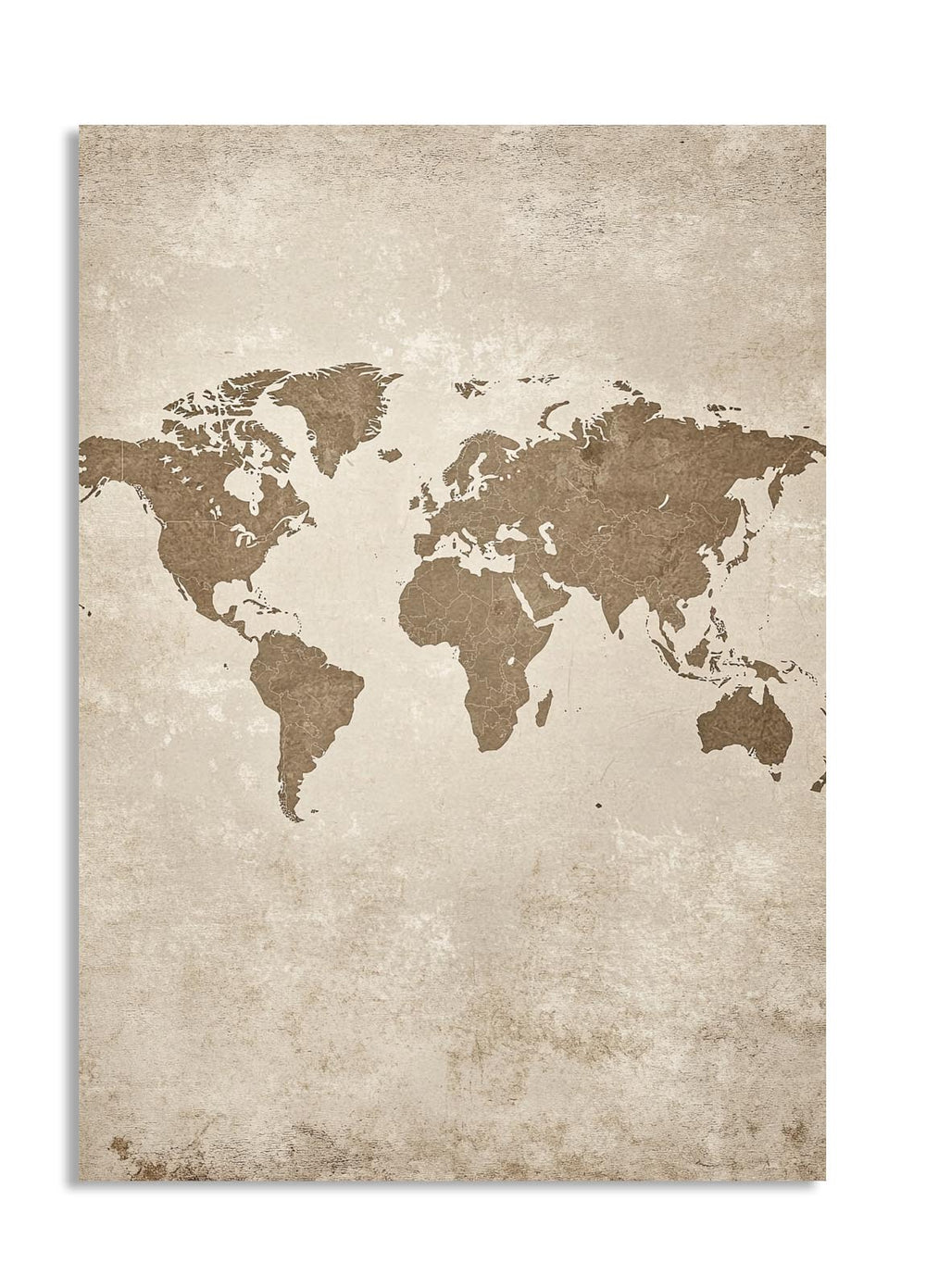 World map on a textured beige background, as a premium aluminum metal print from GoMetalPrint.
