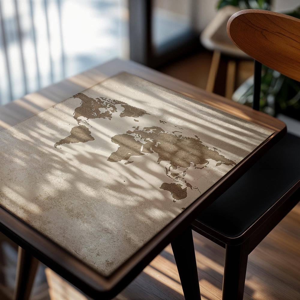 World map on a textured beige background, as a premium aluminum metal print from GoMetalPrint.
